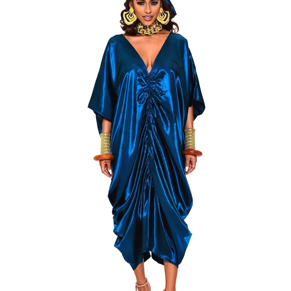 BFYNE TIKARI KAFTAN Elegant Blue Satin Dress O/S M L XL XXL